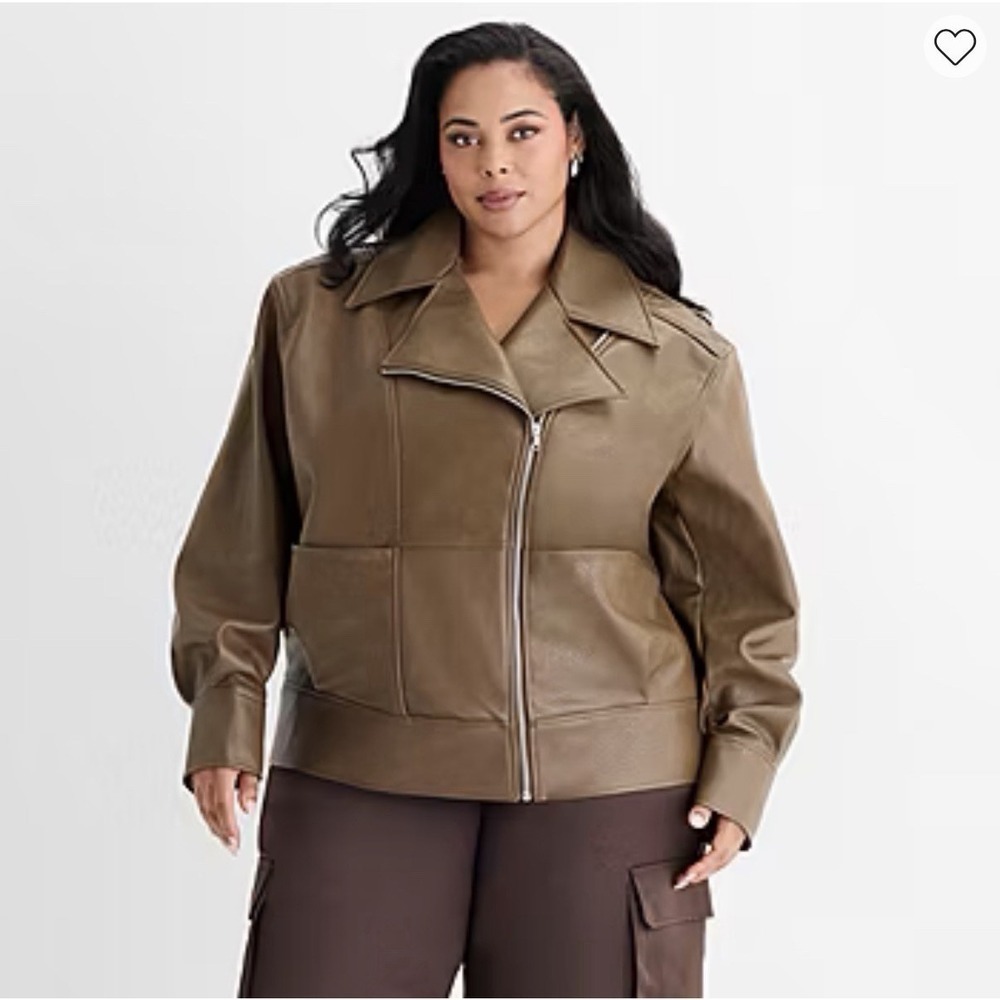 Ashley Graham Brown Faux Leather Moto Jacket Womens 2X Asymmetric Zip $240 NWT - Picture 5 of 14